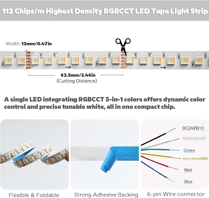 24VDC Highest Density 5-in-1 5050 RGBWW (RGB+Warm White+Daylight) 112LEDs/m Bright RGBCCT LED Strip 16.4FT Dimmable Tape Lights for Bedroom Decor (16.4Ft IP20 Non-Waterproof)