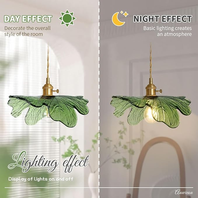 Modern Pendant Lights 2 Pack Green Glass Pendant Lighting Kitchen Island Hand Blown 1-Light Brass Pendant Light Farmhouse Hanging Light fixtures with Glass Shade for Dining Room Bedroom