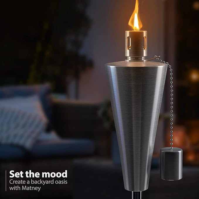 Matney Stainless Steel Torches for Outside - Outdoor Torches - Patio Garden & Yard Lights - 5 ft Oil Lamp for Citronella - Fiberglass Wick & Snuffer Cap - Set of 4 (Cone)