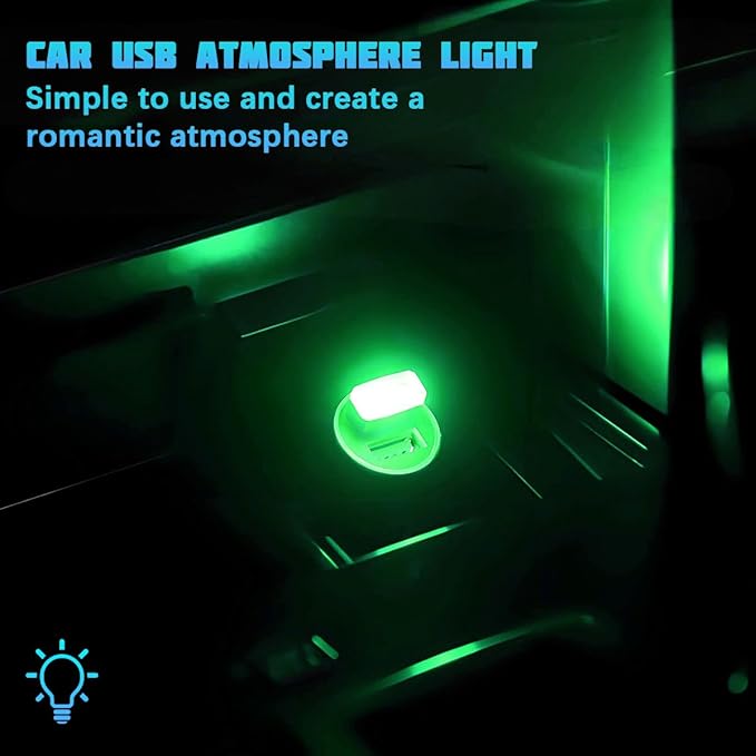4PCS/Set USB LED Car Interior Atmosphere Lamp, Portable Mini Vehicle LED Night Light, Plug-in USB Interface Automotive Interior Ambient Lighting Kit Accessories, Universal Fit (Green)