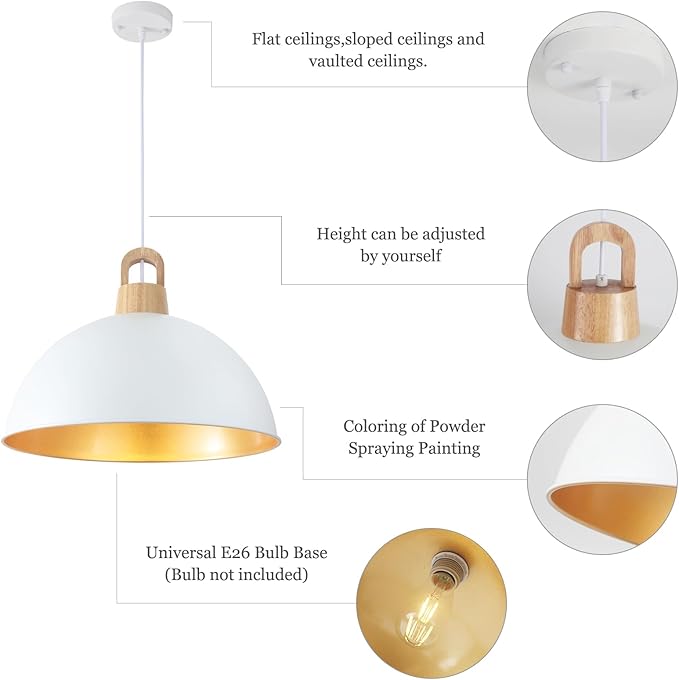 Generies 18'' White Pendant Light Modern Large Farmhouse Pendant Lighting Fixtures Industrial Rustic Dome Chandelier for Kitchen Island Farmhouse Dining Living Room