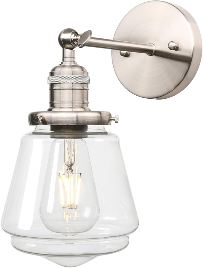 Phansthy Wall Sconces Light Fixture Industrial Wall Lamp, 180 Degree Adjustable Bathroom Vanity Light, Wall Light with Glass Shade Wall Decorative Lighting for Kitchen Living Room Hallway (Brushed)