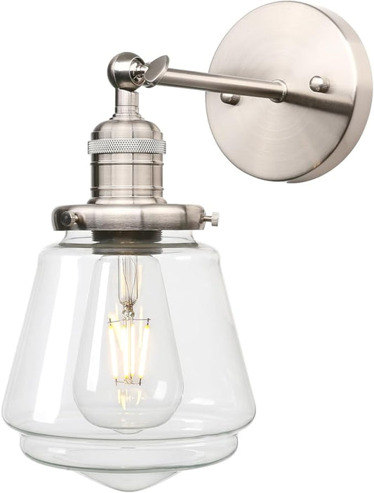Phansthy Wall Sconces Light Fixture Industrial Wall Lamp, 180 Degree Adjustable Bathroom Vanity Light, Wall Light with Glass Shade Wall Decorative Lighting for Kitchen Living Room Hallway (Brushed)