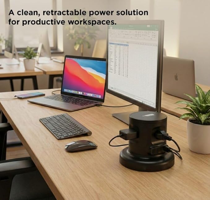 Uncaged Ergonomics Retractable Power Strip with USB Ports, Surge Protector with USB C Ports Fast Charging, Auto Retracting Cord Compact Desktop Charging Station for Home, Office, Nightstand, Black