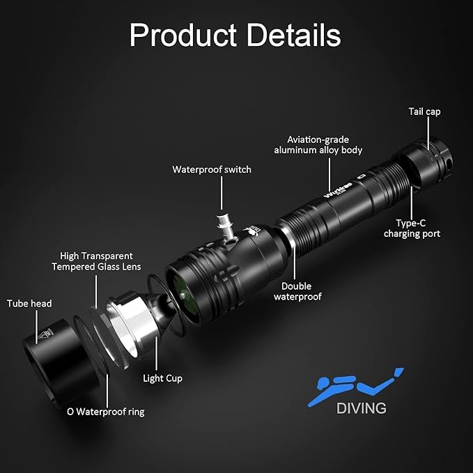 Wurkkos DL20R Dive Lights Scuba Diving Flashlight,3200Lumen Dive Light Built-in USB-C Port Snorkeling Light 90CRI 5300K IPX8 Waterproof Flashlight,Professional Underwater Flashlight for Depth Cave