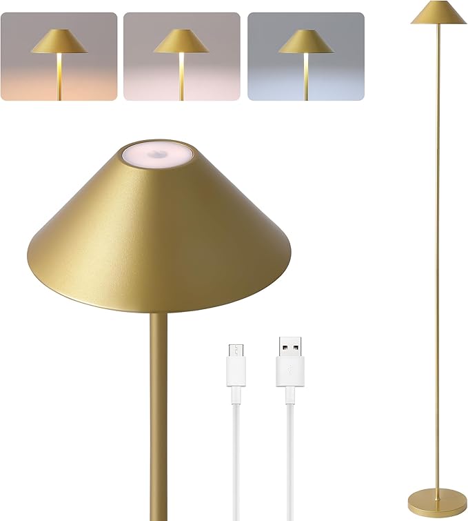 Rechargeable Floor Lamp for Indoor/Outdoor, Cordless Tall Standing Lamp with 3 Color Temps & Dimmable, IP43 Waterproof, Adjustable Height 16-59 Inch, LED Floor Lamp for Living Room, Patio(Gold)