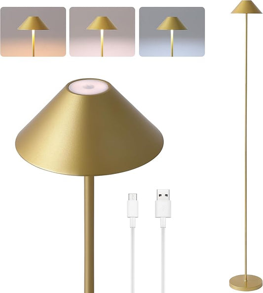 Rechargeable Floor Lamp for Indoor/Outdoor, Cordless Tall Standing Lamp with 3 Color Temps & Dimmable, IP43 Waterproof, Adjustable Height 16-59 Inch, LED Floor Lamp for Living Room, Patio(Gold)