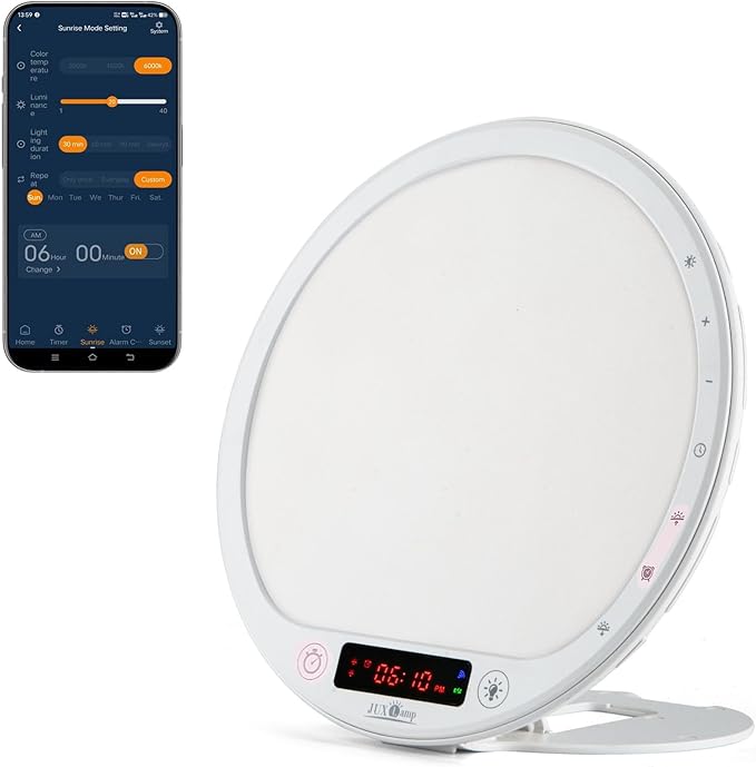 Light Therapy Lamp Sunrise Alarm Clock Wake up 10000 lux UV-Free Sun lamp Bioclock Adjustment APP Control Portable Built-in Lithium Battery