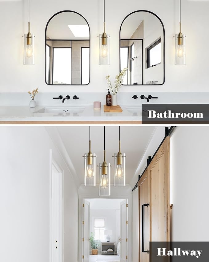 Gold Pendant Lights Kitchen Island 3 Packs, Blown Glass Pendant Light, Modern Glass Kitchen Pendant Light, Hanging Pendant Lights, Island Pendant Lights for Kitchen, Dining Living Bathroom