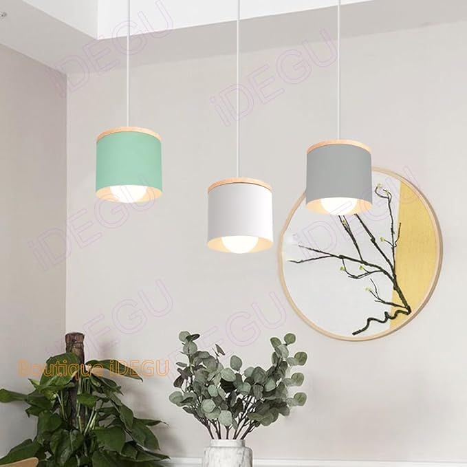 Scandinavian Style E27 Ceiling Light Fixture - Retro Wood and Iron Pendant Lamp for Bedroom, Dining Room, Kitchen - 12cm Black(# Verde.)