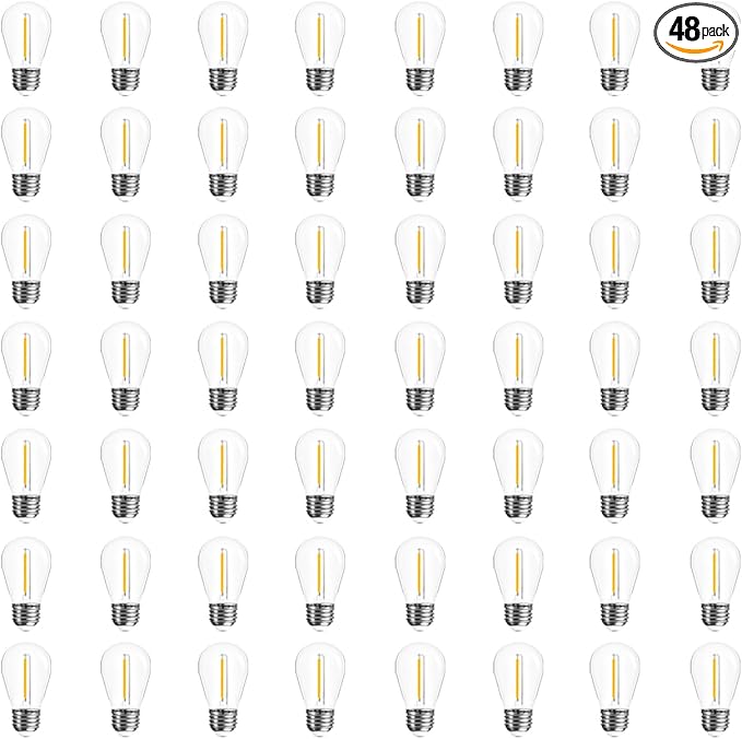 48-Pack LED Outdoor String Light Bulbs, Waterproof S14 Replacement Bulb, E26 Base, 1W 120V, 2700K Warm White