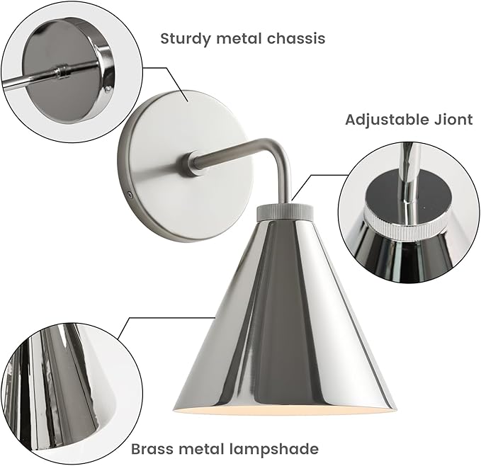 Retro Industrial Metal Cone Sconce Light - Vintage-Inspired Modern Silvery Wall Sconce with Metal Shade, Wall Mount Lighting for Bedroom, Hallway, Living Room (Silvery, 11 inch)