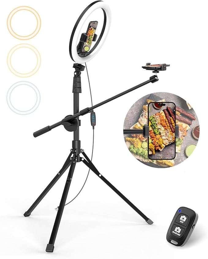 UBeesize 12" Selfie Ring Light with Stand and Overhead Phone Mount, 62" Foldable Tripod for iPhone with Ringlight, Phone Holder for Video Recording,Cooking,Photography,Live Streaming,Tiktok,YouTube
