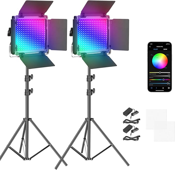 NEEWER 2 Pack 660 PRO RGB LED Video Light with App Control Tripod Stand Kit, Studio Panel Key Lighting for Gaming Streaming Zoom YouTube Webex Photography, 360° Full Color, 50W Dimmable Bi Color