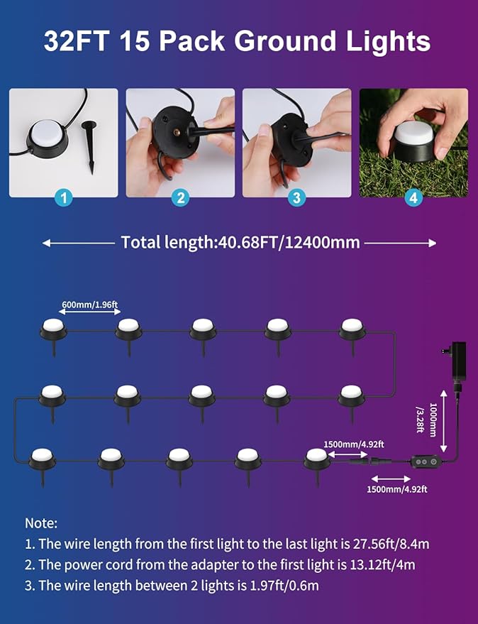 APPECK Smart Outdoor Ground Lights 15 Pack, 32FT RGBW Color Changing Pathway Lights Wired, IP65 Waterproof Landscape Lighting, for Path Yard Lawn Patio Holiday Party Decor, with App & Alexa Control
