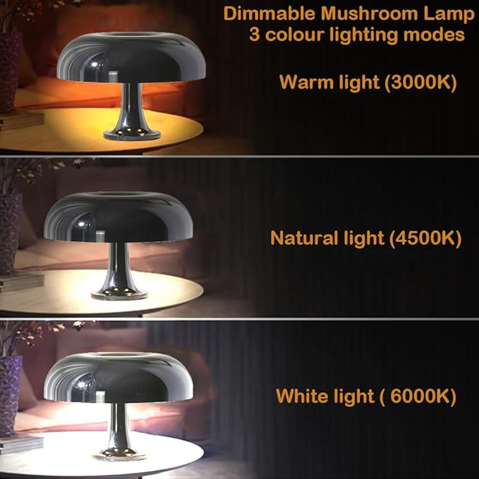 Mushroom Table Lamp, Dimmable with 3 Lighting Modes, Mid Century Retro Design, Black