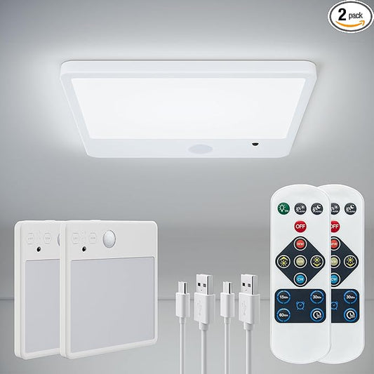 JACKYLED 2 Pack New Upgraded Rechargeable Motion Sensor Ceiling Light with Remote,8000mAh Magnetic Wireless Ceiling Lights Battery Operated,LED Shower Lights for Stairs Pantry Hallway Porch