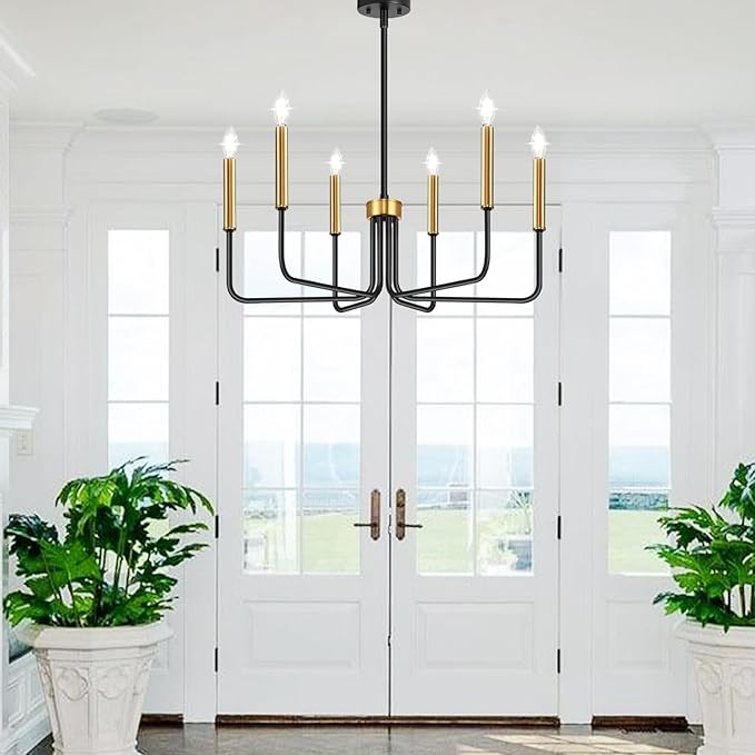 Black and Gold Chandelier, 6-Light Farmhouse Chandelier for Dining Room Lighting Fixtures Hanging, Dining Light Fixtures Industrial Modern Light Fixture for Bedroom, Foyer, Living Room and Entryway