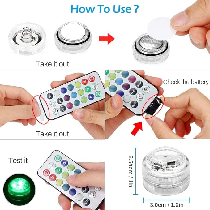 Mini Submersible LED Lights with Remote, Small Underwater Tea Lights Waterproof, Flameless Candles Battery Operated,1.2" RGB Multicolor Tealights for Vase Pool Pond Camping Christmas Party Decor
