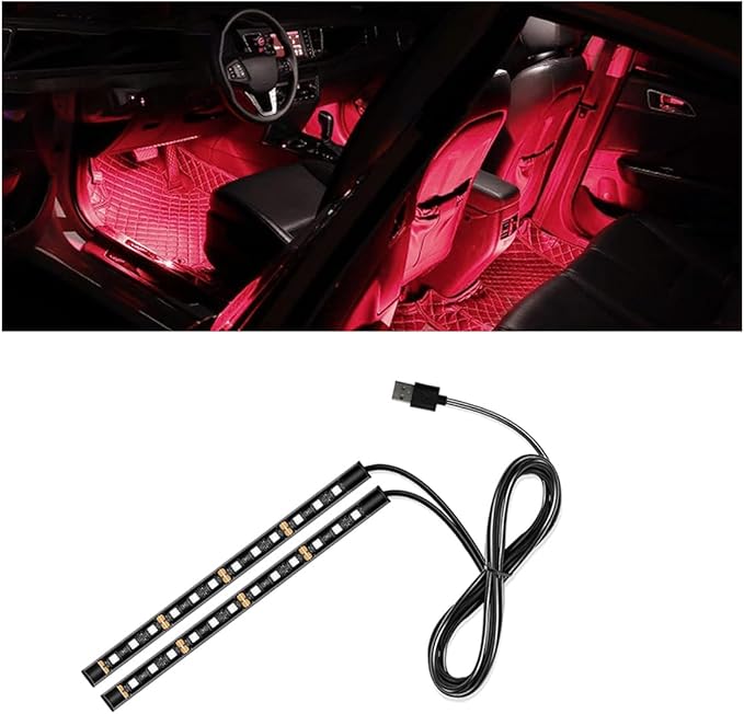Universal Car LED Strip Light, USB Port Auto Interior Decorative Lamp, 12V Under Dash Ambient Night Light, 24 LEDs RGB Neon Interior Atmosphere Lights, LED Ambient Lights for Car SUV (Red, USB)