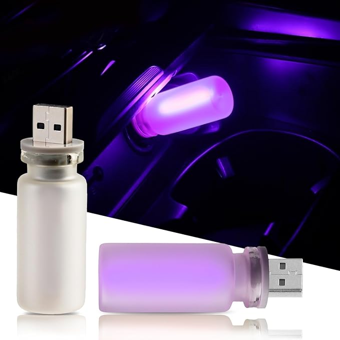 2PCS USB Lights for Car, Retro LED Car Interior Lamp Ambient Lighting, Universal USB Plug Lights for Cars, bedrooms, Camping, Parties, Frosted Glass Bottle Decorative Night Light, Light Purple