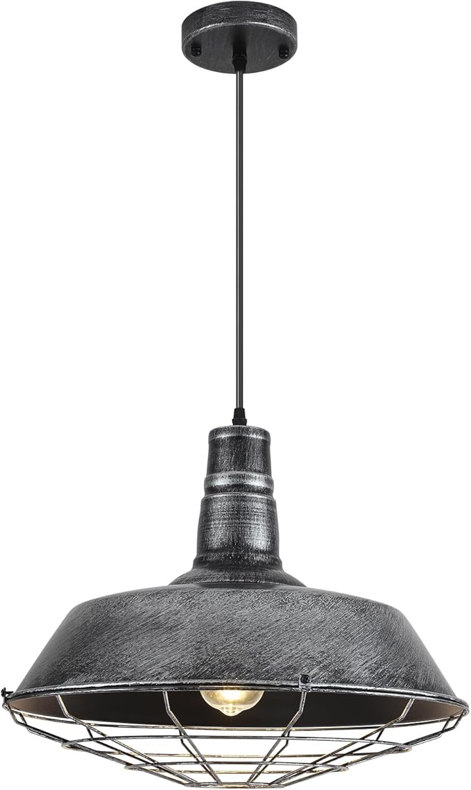Large Pendant Lights Kitchen Island 1 Pack, 18.1 Inch Oversized Industrial Pendant Light, Black and Silver Barn Pendant Light with Wire Cage, Farmhouse Pendant Lights for Kitchen Barn