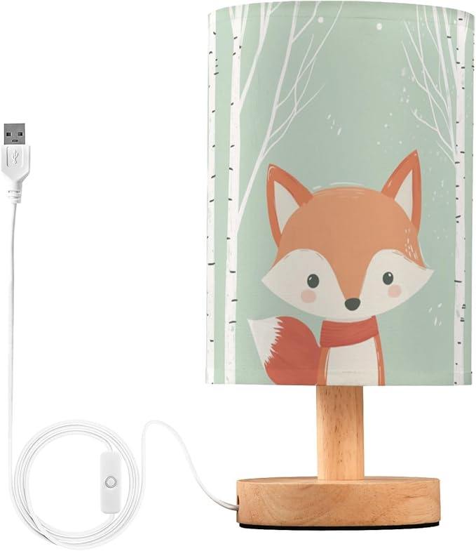 Fustylead Cute Fox in Forest Cartoon Animal Bedside Table Lamps with USB Port for Bedroom LampSmall Nightstand Lamp Sturdy Linen Shade Wooden Base Decorative Lamps for Nursery Kids Reading Dorm Home