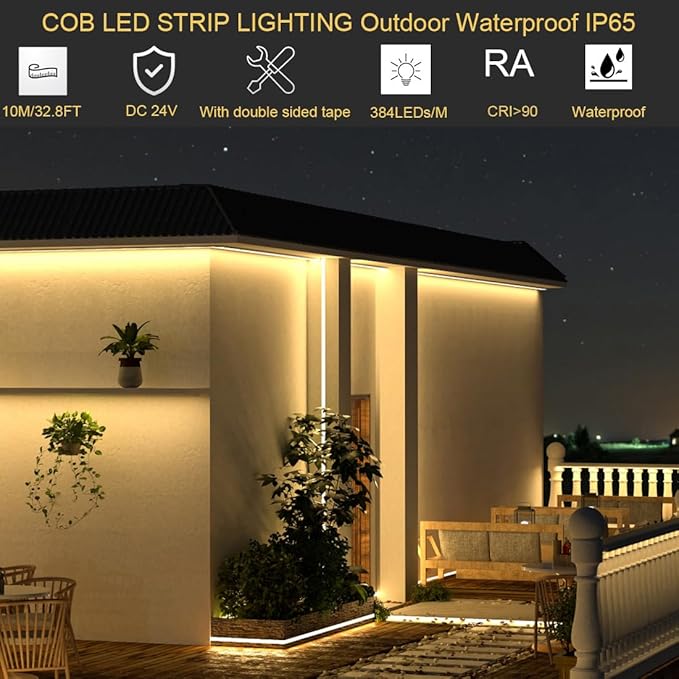 TOPAI 24V COB LED Strip 32.8ft Warm White 3000K Outdoor Waterproof CRI>93 Self Adhesive Uniform Dotless 384LEDs/M Cuttable Flexible for Cabinet Home Office DIY Lighting Projects