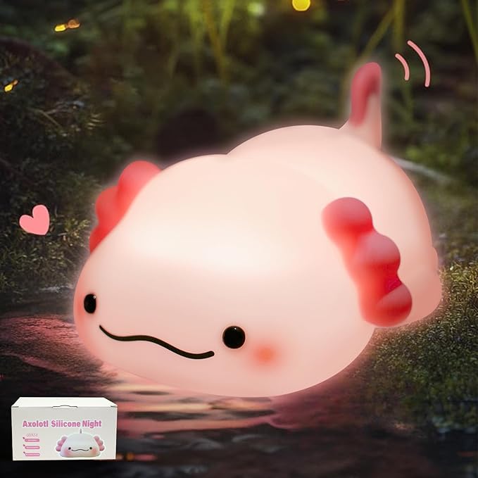 Axolotl Night Light for Kids - 3-Level Dimmable Silicone Lamp, USB-C Rechargeable Nursery Light with Auto-Off Timer for Bedroom & Breastfeeding (Squishy Animal)