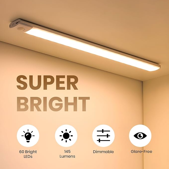 12 Inch Under Cabinet Lighting, 2 Pack 60 LED Motion Sensor Lights, 145LM USB-C Rechargeable, 2200mAh Battery, 10–100% Dimmable, 3 Color Modes, Stick-On Magnetic LED Closet Lights for Kitchen