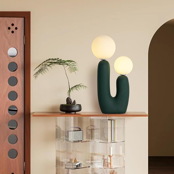 Modern Green Table Lamp Cactus Shape Resin Retro Table Light White Milk Globe Glass Light Fixtures for Living Room Bedroom Children’s Room Cafe Entrance