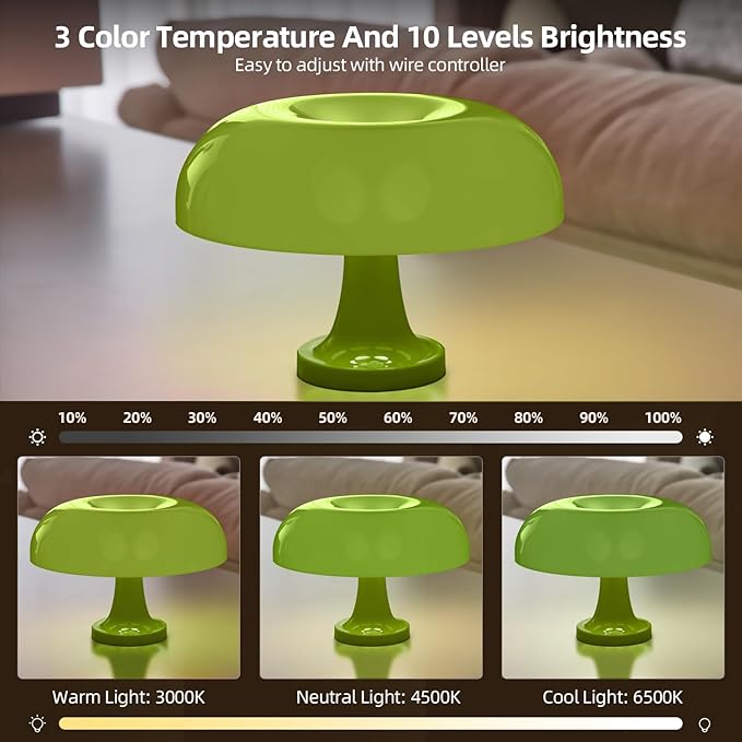 Cordless Mushroom Table Lamp, Rechargeable Orange Bedside Lamp with Touch Control and 3 Color Stepless Dimming, Portable Desk Lamp for Dinner/Restaurant/Bedroom (W11'' x H7.67'')