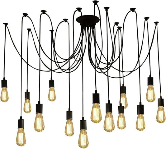 Fuloon Vintage Edison Multiple Ajustable DIY Ceiling Spider Lamp Light Pendant Lighting Chandelier Modern Chic Industrial Dining with Romote Control (14 Head Cable 200cm/78.7inch Each)
