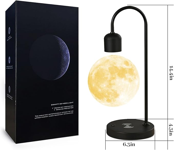 Floating Moon Lamp with 3 Color LED Lights, Magnetic Levitating Moon Ball & Wireless Phone Charger Elegant Home Office Decor Ideal Unique Gift with Cool Mesmerizing Night Display