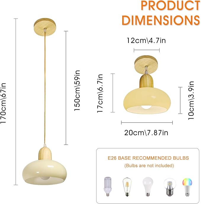 Glass Dome Pendant Light Cream Glass Hanging Ceiling Lamp Kitchen Island Pendant Lighting, Modern Wood Suspended Lights for Dining Table Bedroom Living Room Restaurant 7.87″ Pendant Lamps