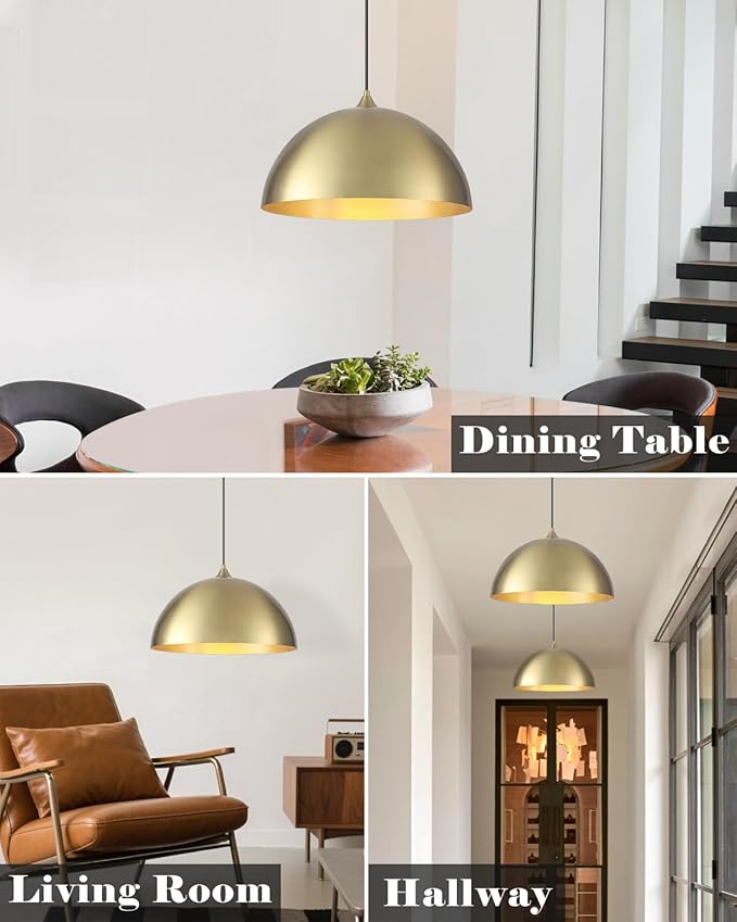 Gold Pendant Lights Kitchen Island, 16 Inch Large Pendant Light, Gold Dome Pendant Light, Industrial Farmhouse Pendant Lights for Kitchen Island, Dining Room, Cafe, Bar, 2 Pcs