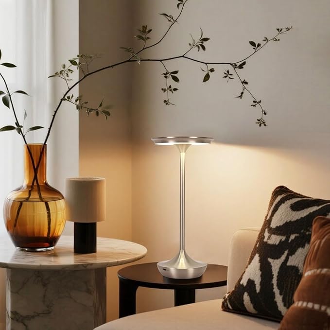 Rechargeable Cordless Table Lamp,Portable Outdoor Battery Operated LED Table Light Touch Control 3 Color Dimmable for Bedroom, Patio, Cofee,Dining Home,Restaurant&Living Room-Silver