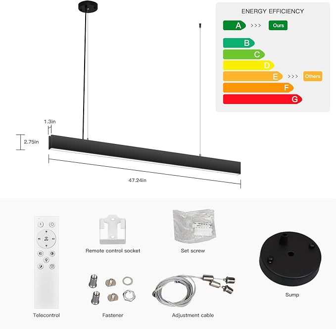 2.4G Remote Series LED Linear Light Fixture with Remote, 4FT 43W Downlight and 7W Uplight, 3000K-6000K Color Changing, Dimmable Pendant Light for Home Office, Black, 4 Pack