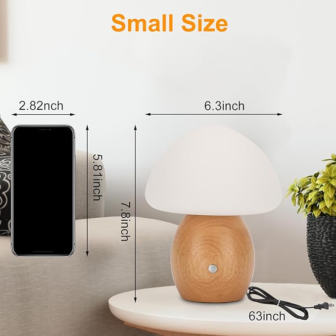 Mushroom Lamp with Touch Control Switch, Small Wooden Table Lamp with Glass Shade, 3 Way Dimmable Nightstand Lamp for Bedroom, G9 LED Bulb Included (Nature Wood&Opal White Glass Shade)