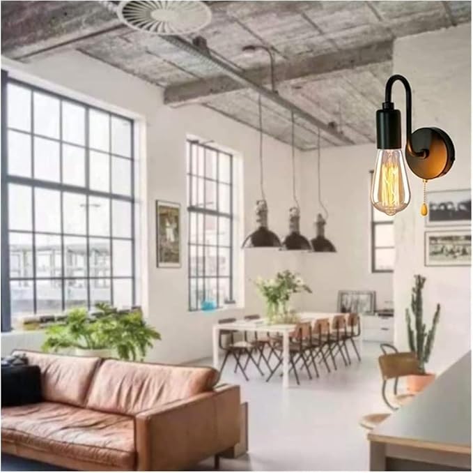 Vintage Black Iron Wall Sconce Industrial Retro Light E27 Base Pull Cord Switch Wall Wash Lantern for Cafe Office Restaurant
