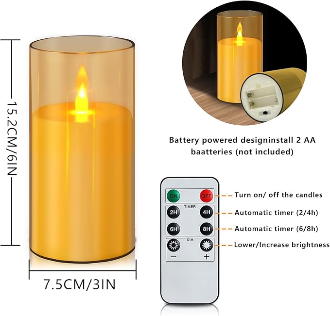 Flameless Candles 4" 5" 6" Set of 2 Acrylic Glass Pillars 3" Diameter Battery Operated Flickering Candles Include 8-Key Remote with Timer Function 400+ Hours (Amber, 2 Pack)