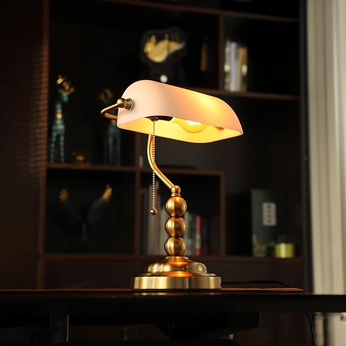 TORCHSTAR Ivory White Glass Bankers Desk Lamp, Antique Desk Lamps with Retro Weighted Base, Traditional Library Lamp with Pull Chain, E26 Base, Vintage Desk Lamp for Office, Study Room
