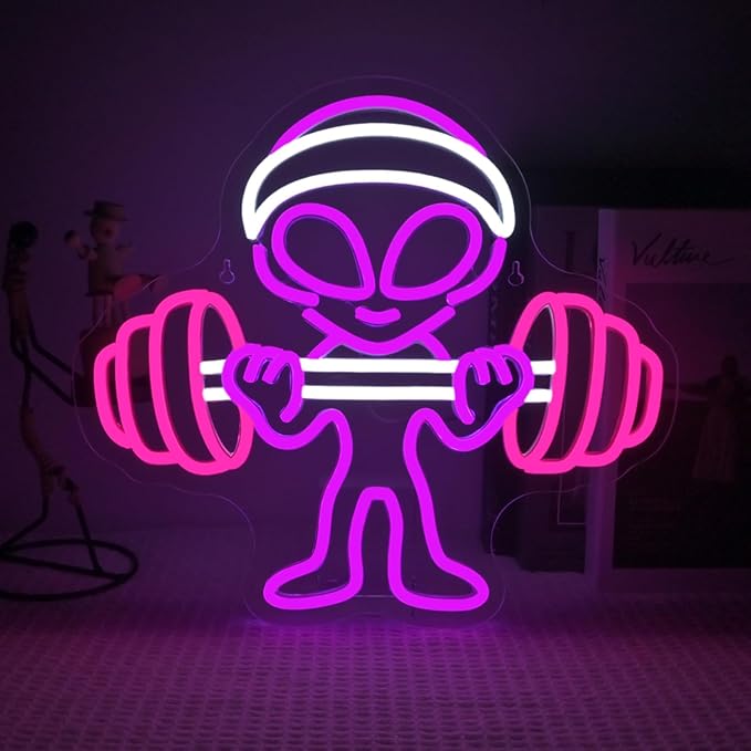 LUCUNSTAR Alien Neon Sign Dumbbell Gym Led Wall Decor LED Alien Light Shop Bar Man Cave Teen Room Game Room Decor Hip Hop Party Neon Signs Wall Decor Party Bedroom