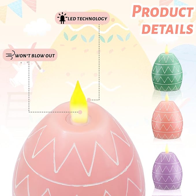 MTLEE 3 Pcs Easter Egg Candles 3 Color Scented Real Wax Led Easter Flameless Candles Spring Battery Operated Egg Shaped Holiday Home Living Party Decoration Centerpiece