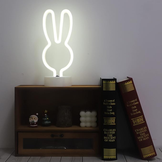 Curyidy Neon Signs Rabbit Spring Lights, East Bunny Marquee Lights with Base Art Decorations Battery/USB Operated Night Lights for Christmas, Halloween, Easter Day Decor (Rabbit-White)