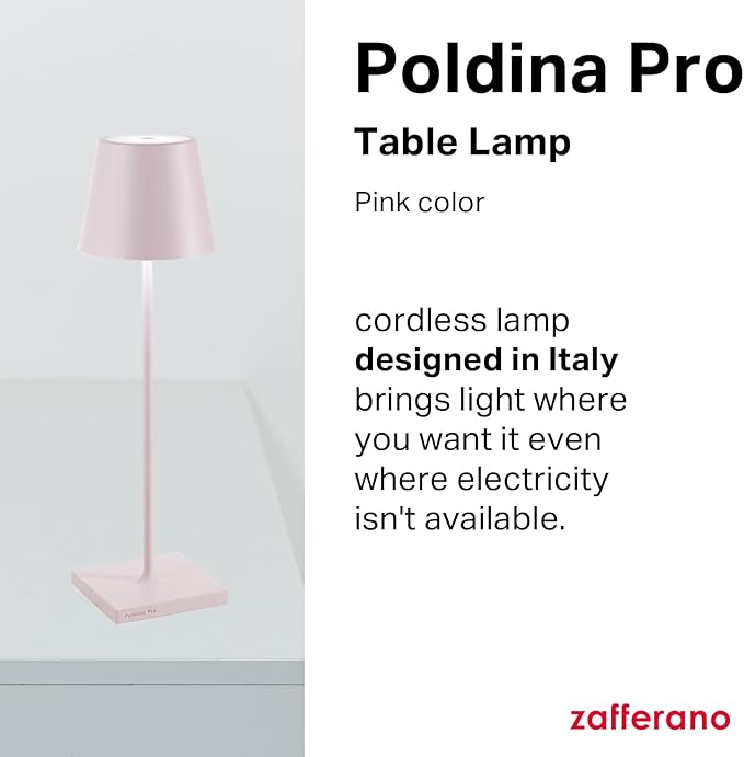 Zafferano, Poldina Pro Lamp, Rechargeable Cordless Table Lamp with Touch Controls, Suitable for Indoor and Outdoor, Dimmer, 2200-3000 K, Height 14.9 Inches, Pink Color