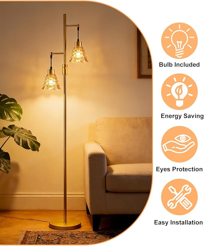 2-Light Glass Floor Lamp, Gold Tall Standing Lamps Dimmable with Brown Glass Lampshade, 3000K Warmwhite Mid Century Modern Floor Lamp for Living Room/Bedroom/Sofa Beside/Home Decor