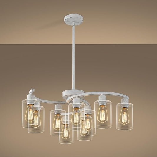 9-Light Antique White Chandelier with Clear Glass Shade, French Country Chandeliers for Dining Room, Adjustable Height Hanging Chandelier for Kitchen Island Living Room Foyer Bedroom