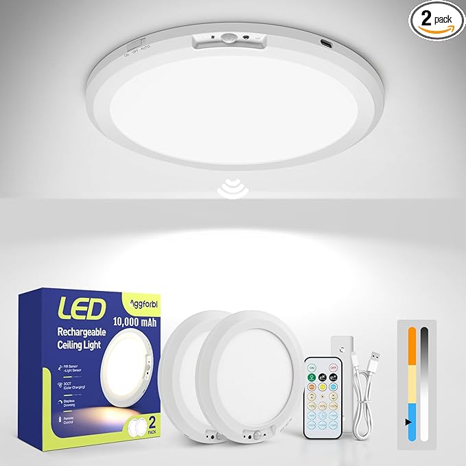 2PCs 10,000mAh Rechargeable Ceiling Light with Remote, Wireless Waterproof Shower Lights 3000K/4000K/6000K, Battery Powered Light for Closet Battery Operated, Motion Sensor Lights No Wiring