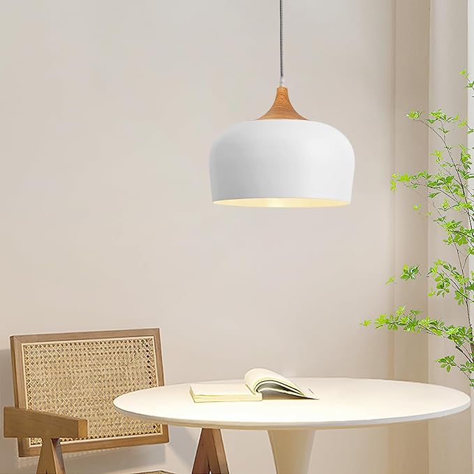 Modern White Pendant Light, Nordic Wooden Dome Minimalist Style Light fixtures Ceiling Hanging,Mini Chandelier for Dining Room, Kitchen Island, Bedroom, Hallway